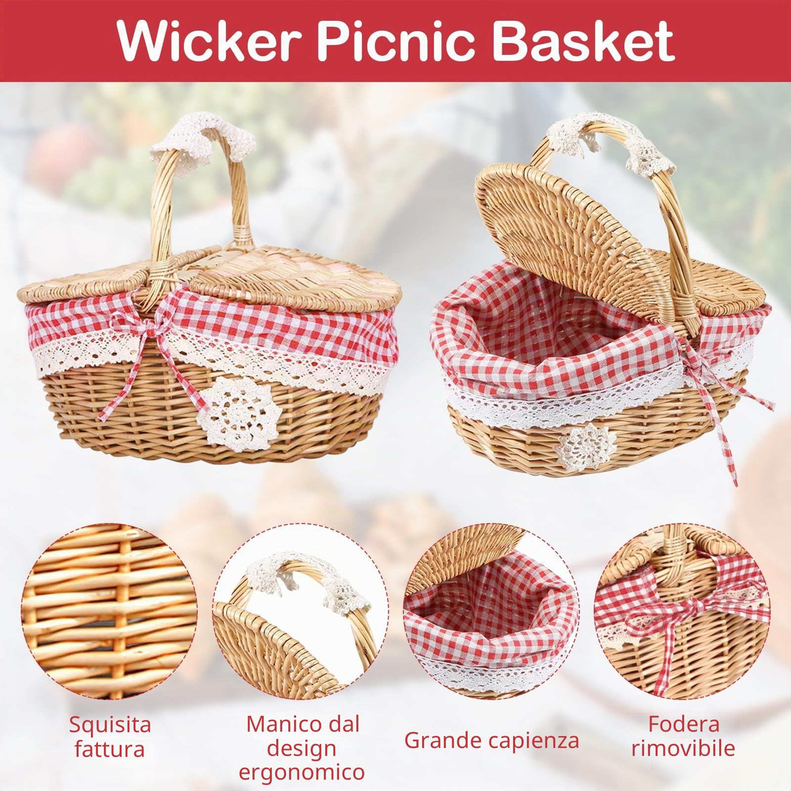 Cestino da Picnic in Vimini con Coperchio e Manico, Cestino in Vimini Intrecciato Pratico Cestino Ovale in Rattan per Picnic e Shopping