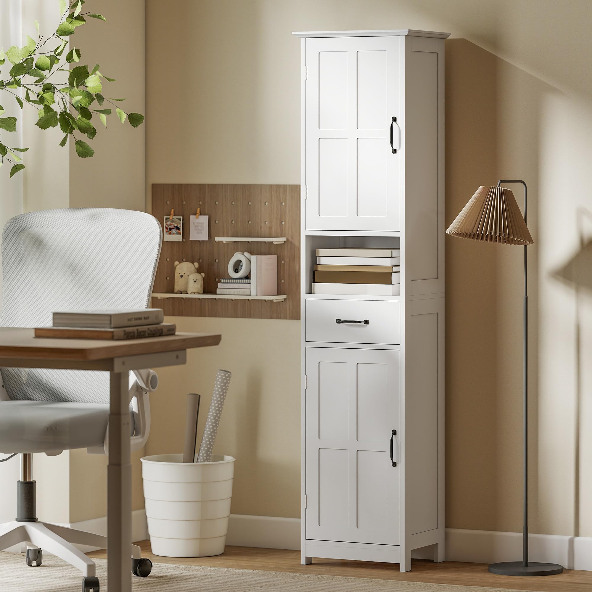 kleankin Columna de Baño Armario de Baño Alto con 2 Puertas 1 Cajón Estante Abierto y Estantes Ajustables Antivuelco 40x30x164 cm Blanco