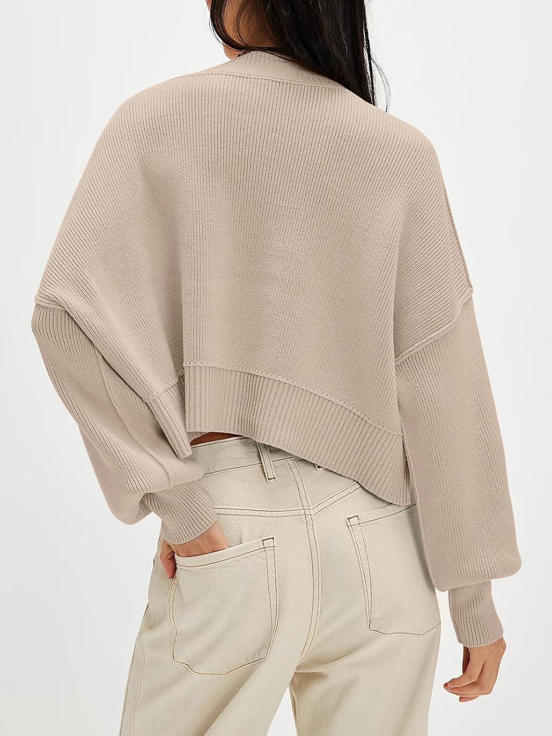 Yesfashion Womens Oversized Cropped Sweaters Crewneck Long Lantern Sleeve Side Split Ribbed Knit Pullover Sweater Tops - Image 4