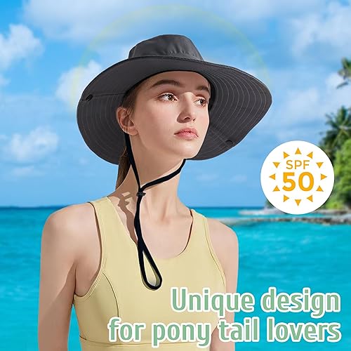 Miniatura 6 de Sombrero de sol para mujer con agujero para cola de caballo, sombrero de protección UV, plegable, malla ancha, sombrero de pesca para la playa para