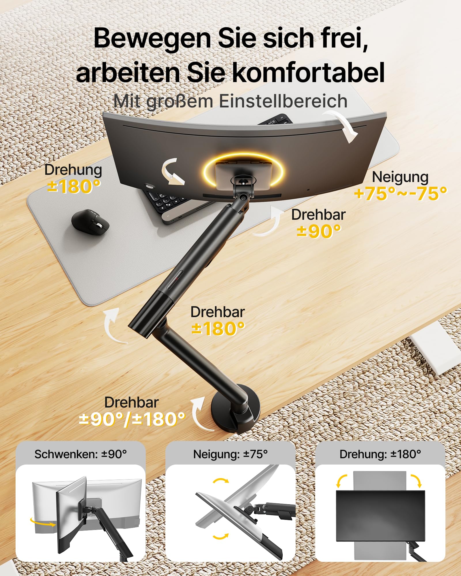 monTEK Bras Écran PC pour Écran 17-40 Pouces avec Hub 2 Ports USB A/C 3.0