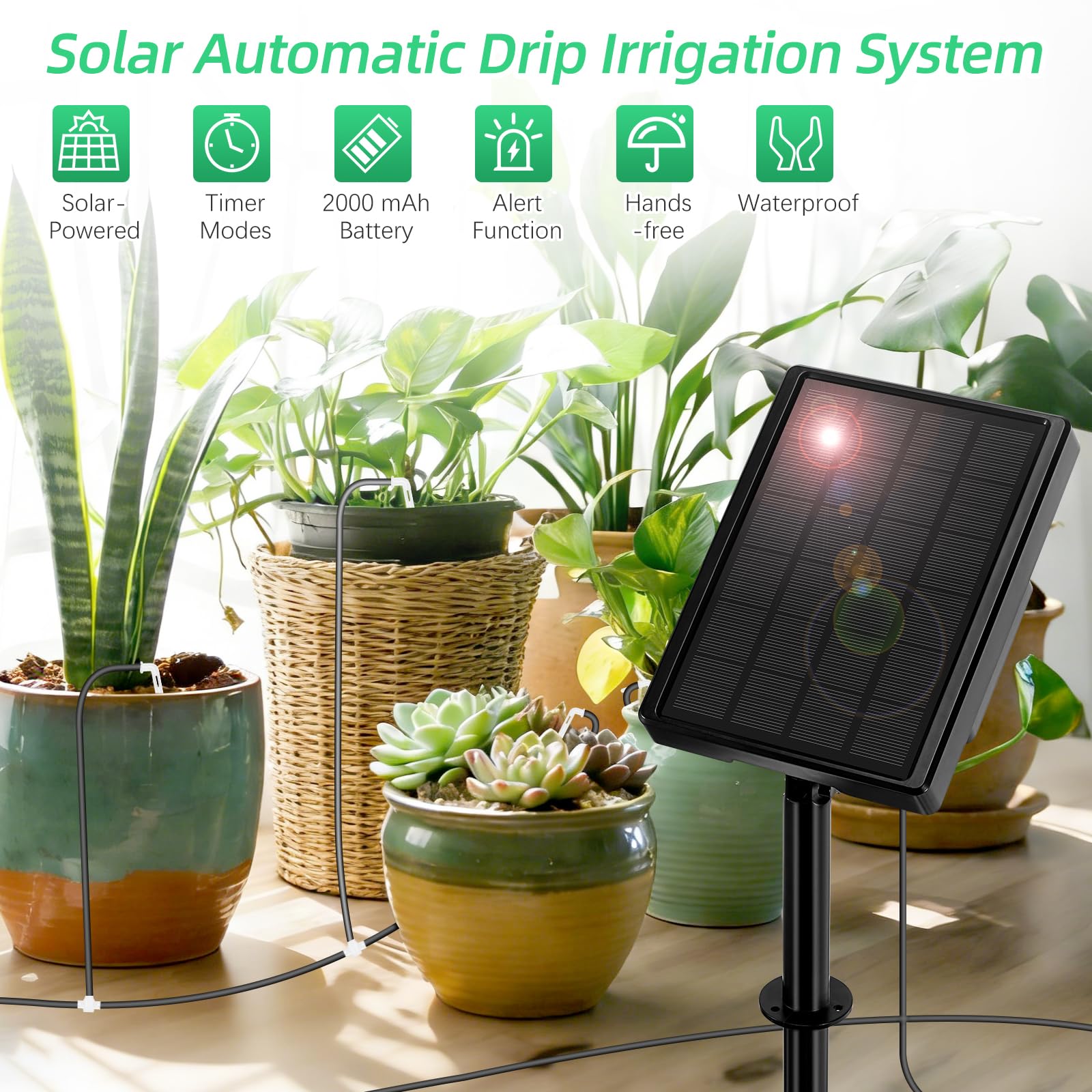 Solar Bewässerungssystem Automatisches Tröpfchenbewässerung System für 15 Topfpflanzen DIY-Bewässerungssystem Garten Pflanzen Bewässerung Set mit Timer für Gewächshaus/Balkon/Innen/Außenbereich