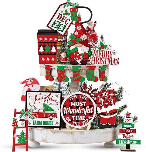 Tradder 14 piezas de decoración de bandeja escalonada de Navidad de gnomo de Navidad, letreros de madera, búfalo rojo y negro, decoración de mesa de
