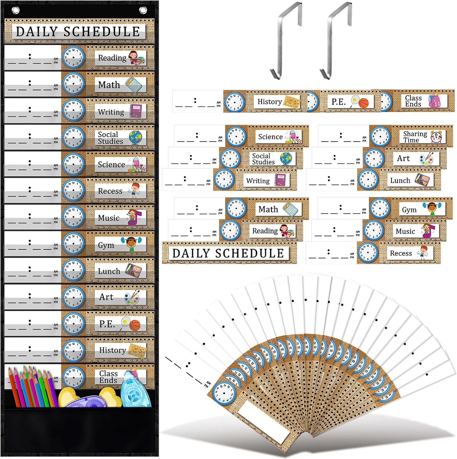 Daily Schedule Pocket Chart, 14+1 Pocket, with 40 Pcs Reusable Dry Eraser Cards Calendar for Classroom Toddler Schedule Chart Office Home Preschool Activit(Burlap Style)