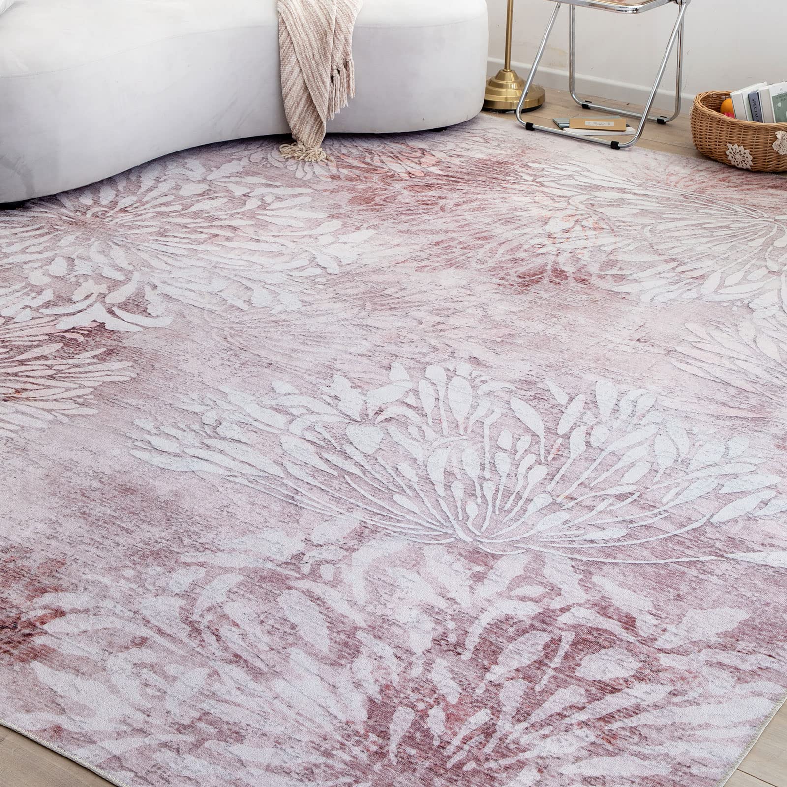 DECOMALL Jasmine Washable Area Rugs 8x10ft, Modern Floral Non Slip Rug, Soft and Thin Large Carpet for Living Room Bedroom,8x10ft Pink/White