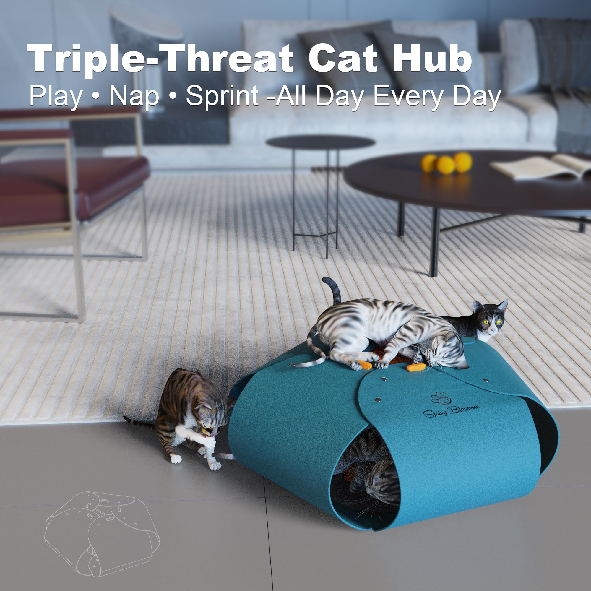 Túnel para gatos de cinco pétalos, cueva para gatos de interior, resistente a los arañazos, juguetes para gatos medianos y grandes de hasta 30 libras (azul pavo real)