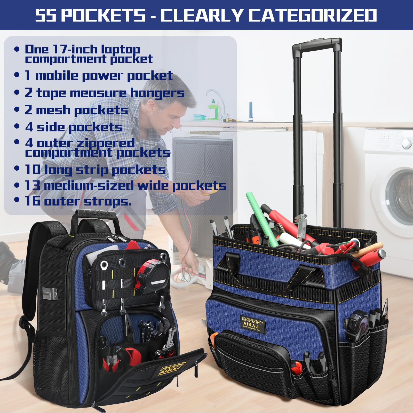 Sac a Outils à Roulettes 21 Pouces+Sac à Dos à outil 18 pouces AIRAJ,Poignée Télescopique Réglable,Sac Outils Imperméable,Sac à Dos à Outils Robuste,1680D Tissu Oxford,Port de Recharge USB,55 Poches