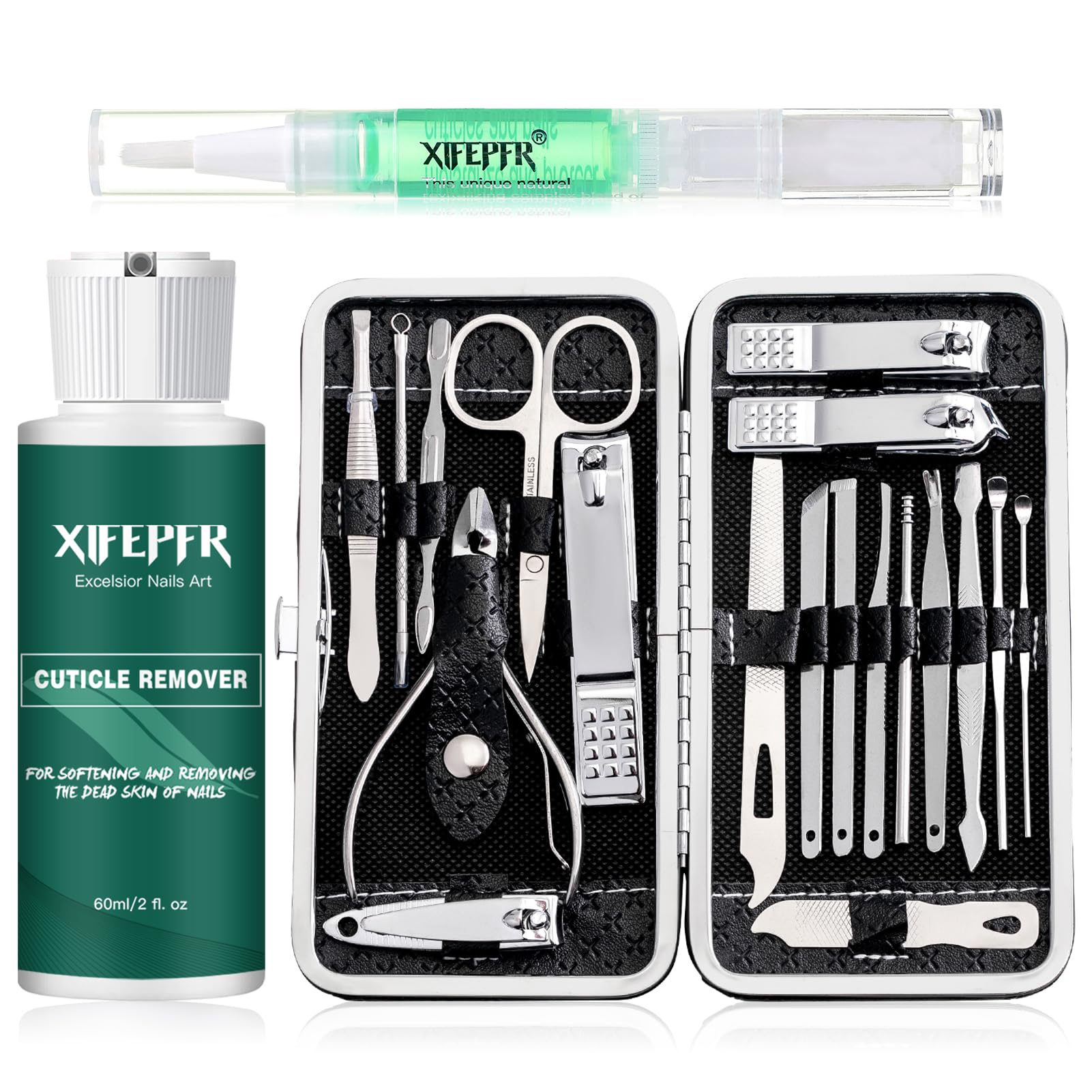 XIFEPFR Kit Manucure - Crème Remover de Cuticules, Kit Pédicure 19 Pièces, Kit Toilettage Professionnel Avec Étui Voyage Noir, Kit Ongles Acier Inoxydable Pour Hommes Et Femmes, Cadeaux Pour Femmes