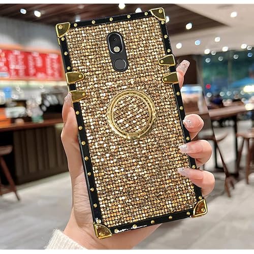 for LG Stylo 5/Stylo 5 Plus/Stylo 5X/Stylo 5V Bling Case,Fashion Glitter Bling Cute Gold Corner Soft TPU Trunk Cover with Finger Ring Grip Kickstand Phone Skin,Gold