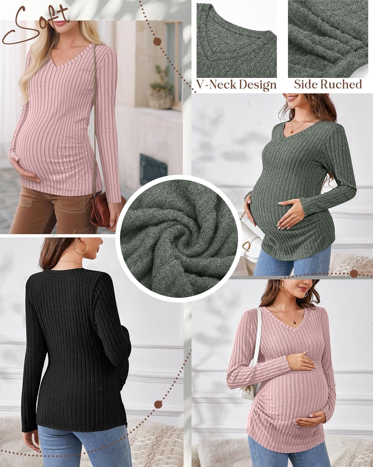 Ficerd 3 Pack Women's Maternity Shirts Ribbed Long Sleeve Pregnancy Tops V Neck Knit Side Ruched Pregnant Clothes Sweater - Image 2
