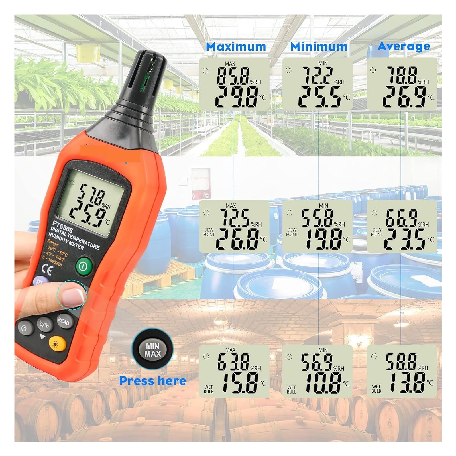 Medidor de temperatura y humedad PM6508, termómetro e higrómetro digital con temperatura ambiente, punto de rocío y bulbo húmedo for interiores y exteriores.