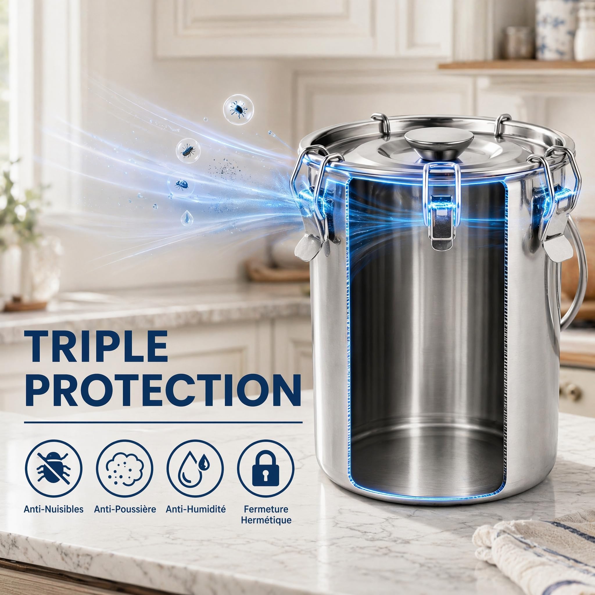 iPlusmile Contenitore per alimenti da cucina in acciaio inox 3L ermetico per cereali, riso, latte - contenitore per farina con scatola