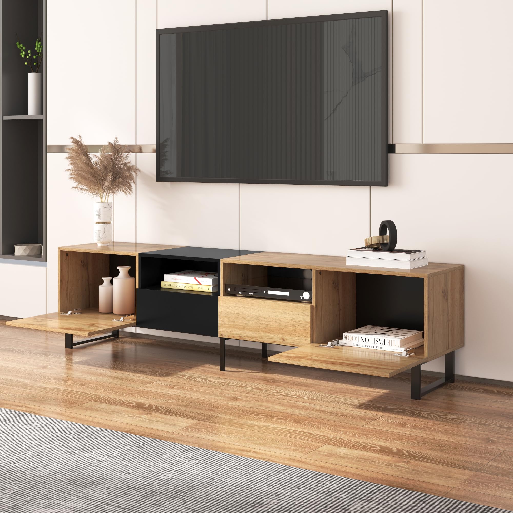 190cm TV Lowboard mit 2 Türen und 2 Schubladen, TV Schrank mit Stauraum, Moderner Fernsehschrank mit 2 Offene Fächer, Fernseher Schrank für Wohnzimmer, Holz und Schwarz