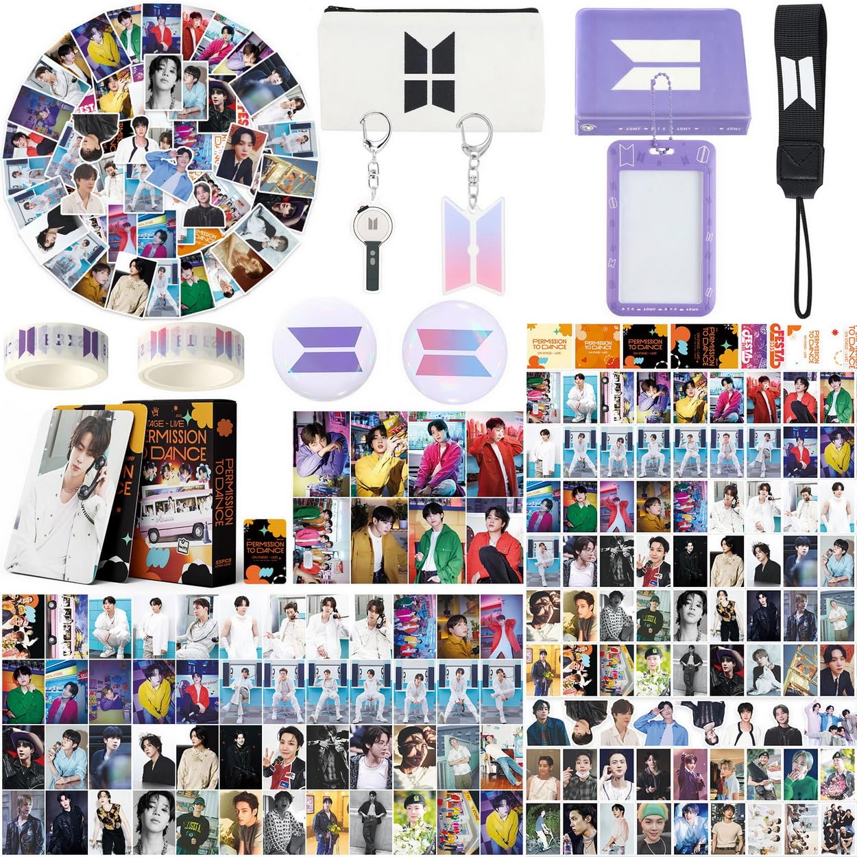 Army Fans Gifts Set Merch, Including 55 Postcards, 93 Stickers, 2 Keychain, 2 Pin Badge, 2 Paper Tape,Photocards Binder, ID Badge Holder, Lanyard and