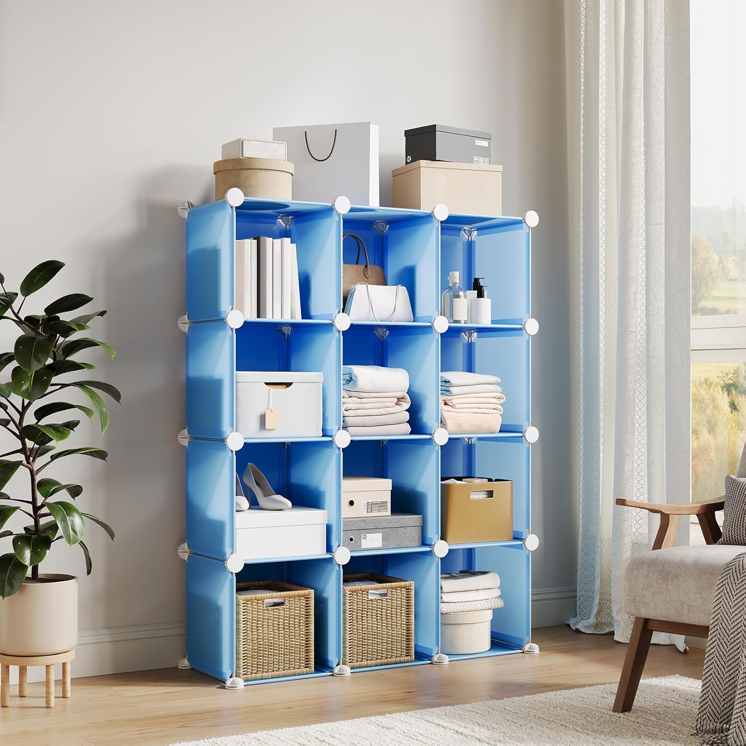 Garvee 12 Cube Storage Organizer, DIY Stackable PVC Shelves Unit, Versatile Closet & Bookshelf Storage Cubes for Bedroom, Living Room, Home Office – 5 Colors (Blue)
