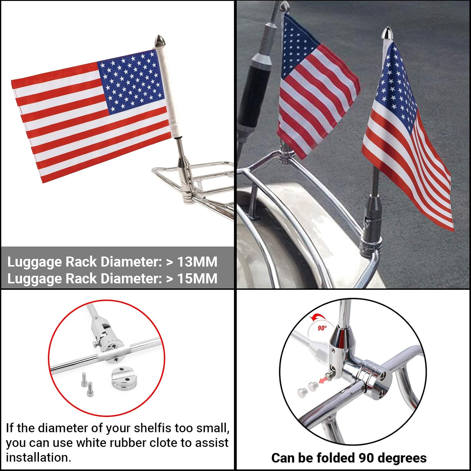 GUAIMI Motorcycle Folding Flag Mounts Adjustable Flag Pole with Texas State Flag (American Flag)
