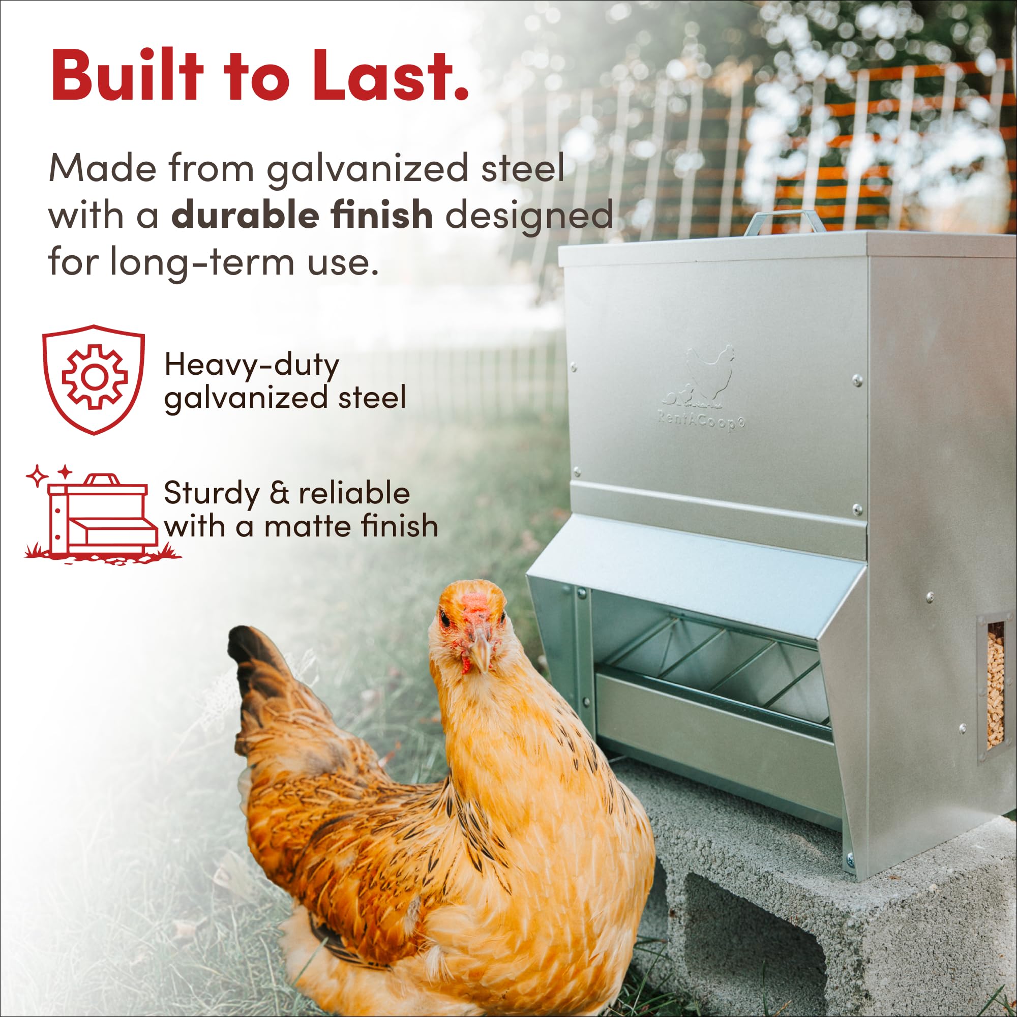 RentACoop Comedero galvanizado para pollo, dispensador de alimentos para aves de corral resistente a la intemperie con tapa, capacidad de 25 libras