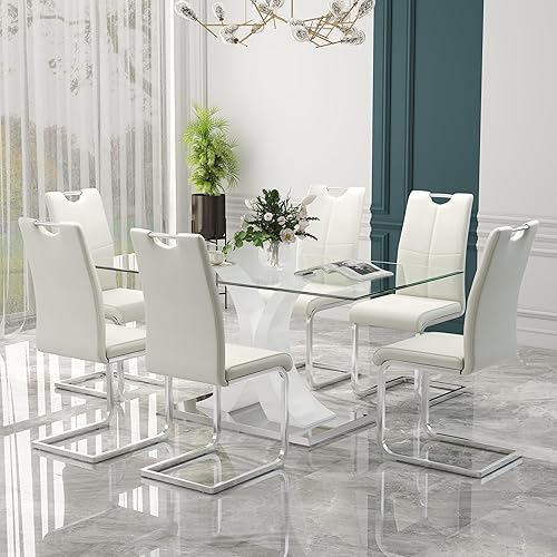 Juego de comedor moderno de cristal de lujo de 7 piezas, juego de cena rectangular minimalista grande para 6, juego de mesa de cocina de vidrio