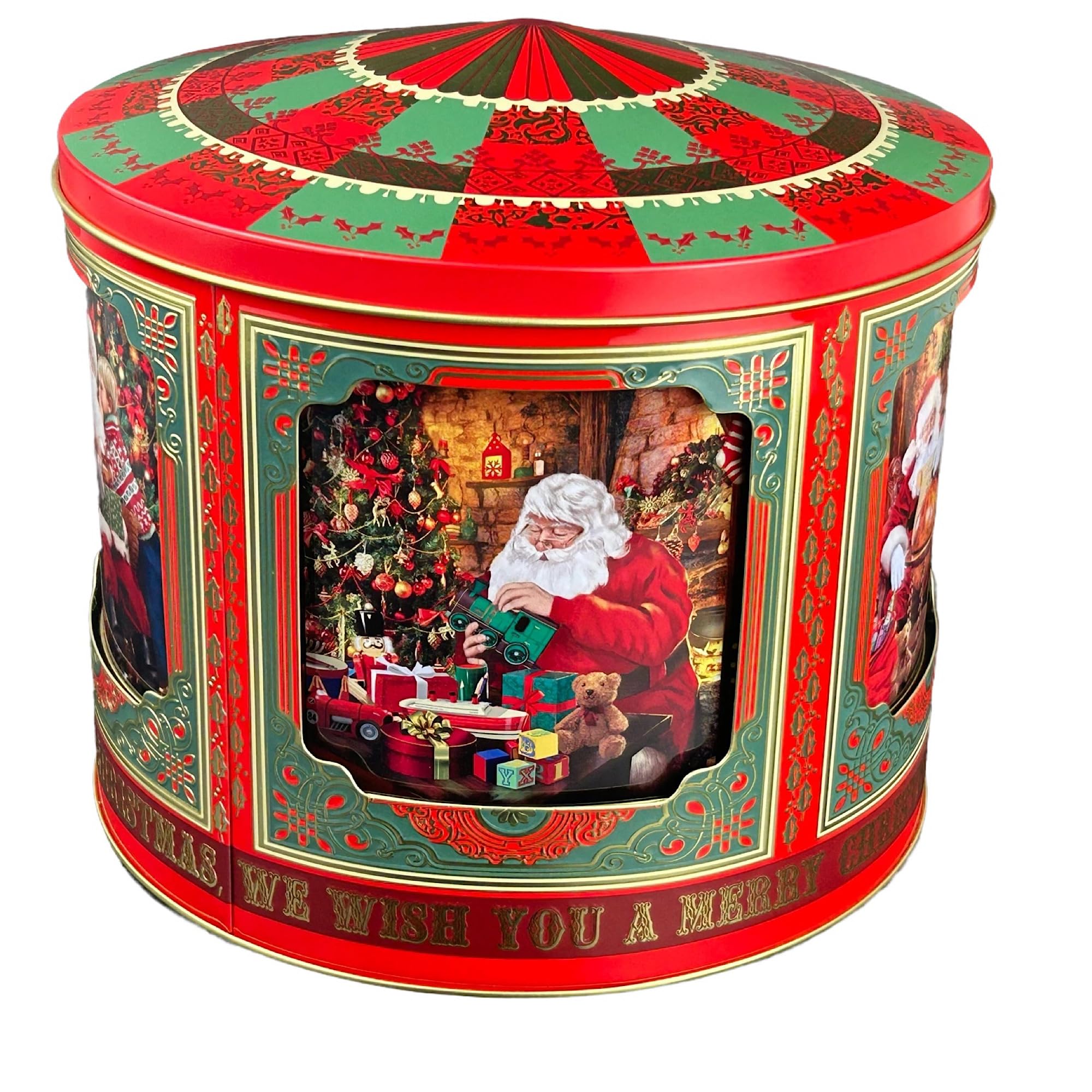 MediMuc Caja de música con diseño de carrusel de Papá Noel, lata de almacenamiento, lata para galletas, apta para alimentos, 4,8 l