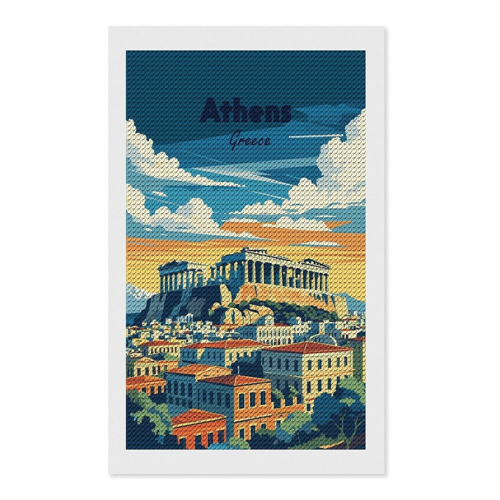 Junmoney Athens Greece Travel Diamond Painting Kit 12"x20", Adhesive Canvas, Home Wall Decor, for Beginners, Birthday Gift, Full Kit Included