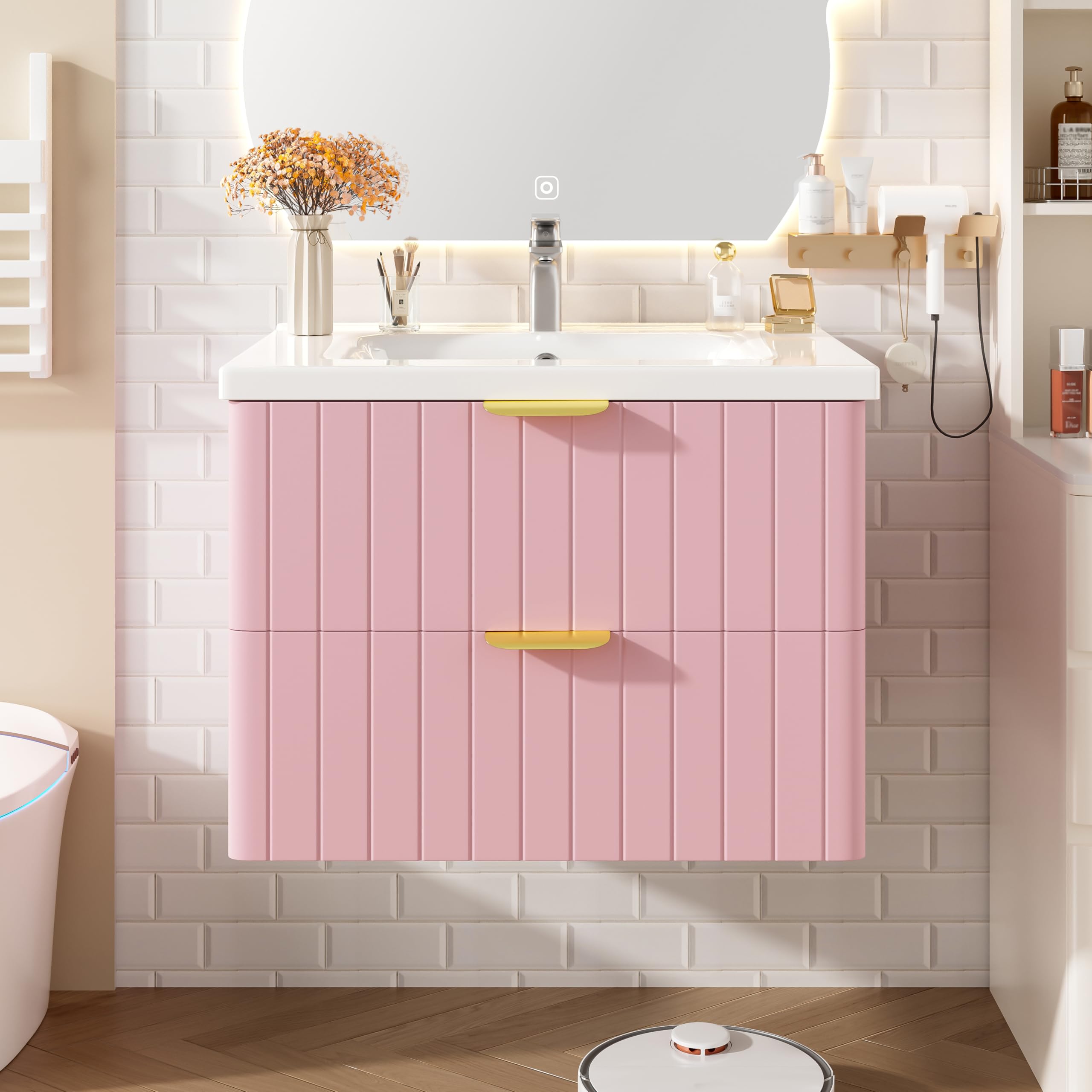 Armario colgante para lavabo individual, color rosa, 50 x 60 cm, con lavabo, doble almacenamiento, MDF resistente a la humedad, ahorra espacio