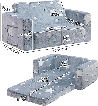 BEJOY Toddler Chair, Folding Kids Sofa Bed, Extra Wide, Glowing Star