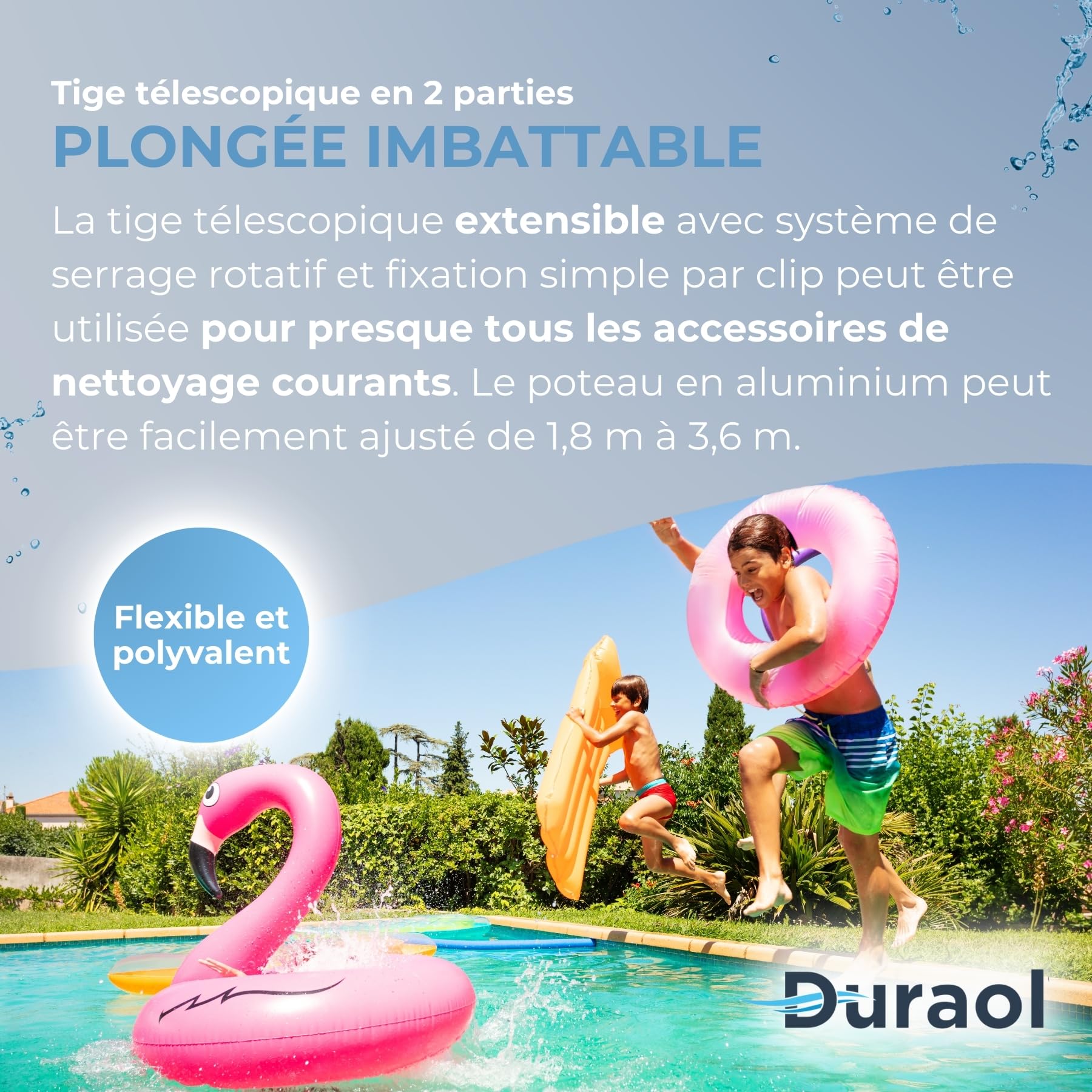 Perche télescopique en 2 Parties I Perche télescopique en Aluminium de 1,8 m à 3,6 m I Perche de Piscine pour aspirateur de Piscine Manuel & épuisette de Piscine I Système de Serrage Rotatif