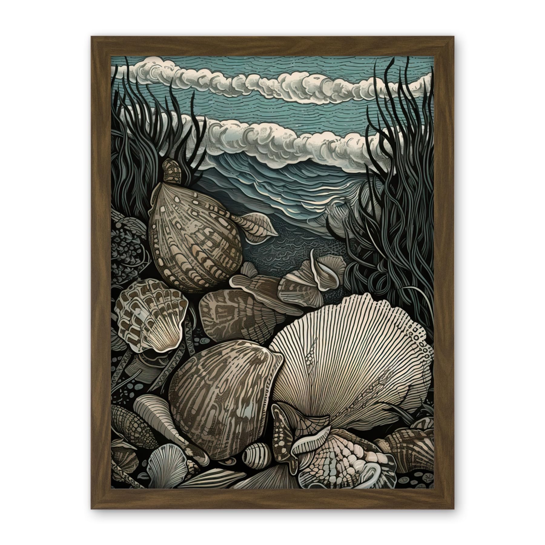 Artery8 Seashells by the Shore Modern Coastal Illustration Artwork Framed Wall Art Print 18X24 Inch