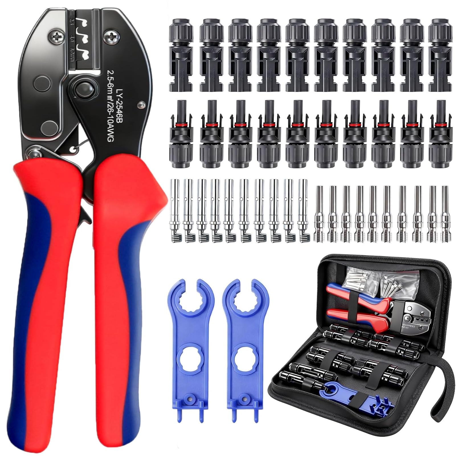 Kit Crimpatura per Impianti Fotovoltaici per 2.5/4/6 mm², con 1 Pinza Crimpatrice, 10 paia Connettori Fotovoltaici, 10 paia Connettori Maschio/Femmina, 2 Chiave, per Impianto Fotovoltaico