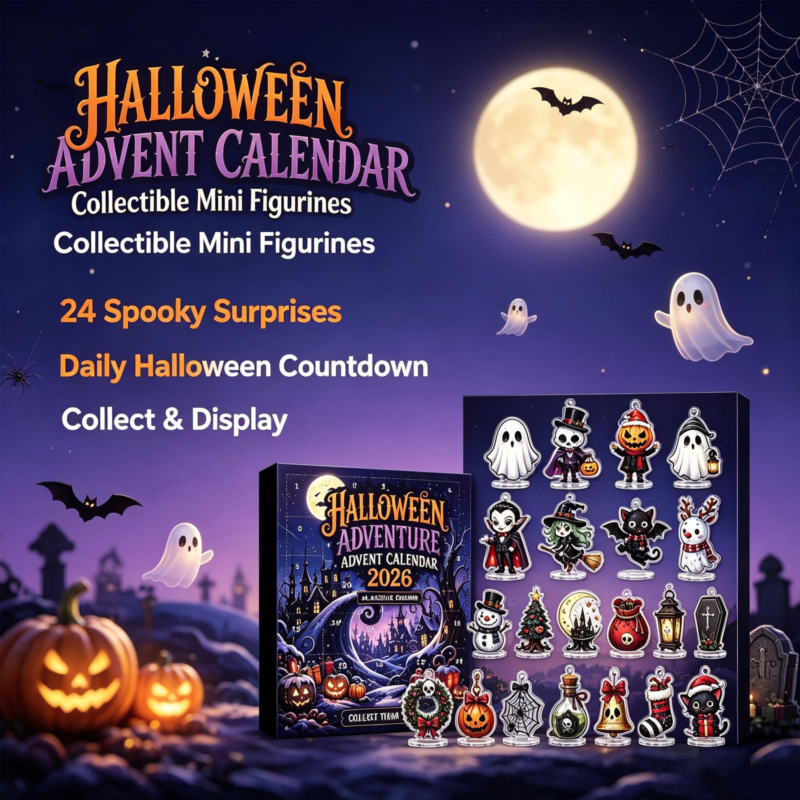 Calendario dell'Avvento Avventura di Halloween con figure spettrali (3pcs) | Scatola cieca quotidiana fatta a mano Sorprese quotidiane, decorazioni di mini personaggi per regalo da esposizione domestica
