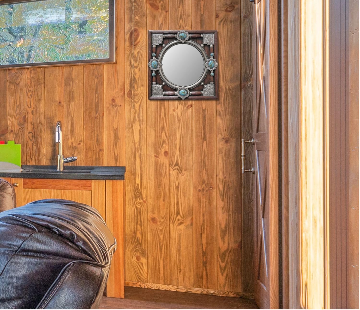 BestGiftEver Decorative Round Mirror on a Square Faux Wood Frame in Resin with Turquoise Accent - Vintage Wall Mounted Mirror Rustic Cabin Home Decor- Ideal Gift for Western-Themed Home Enthusiasts