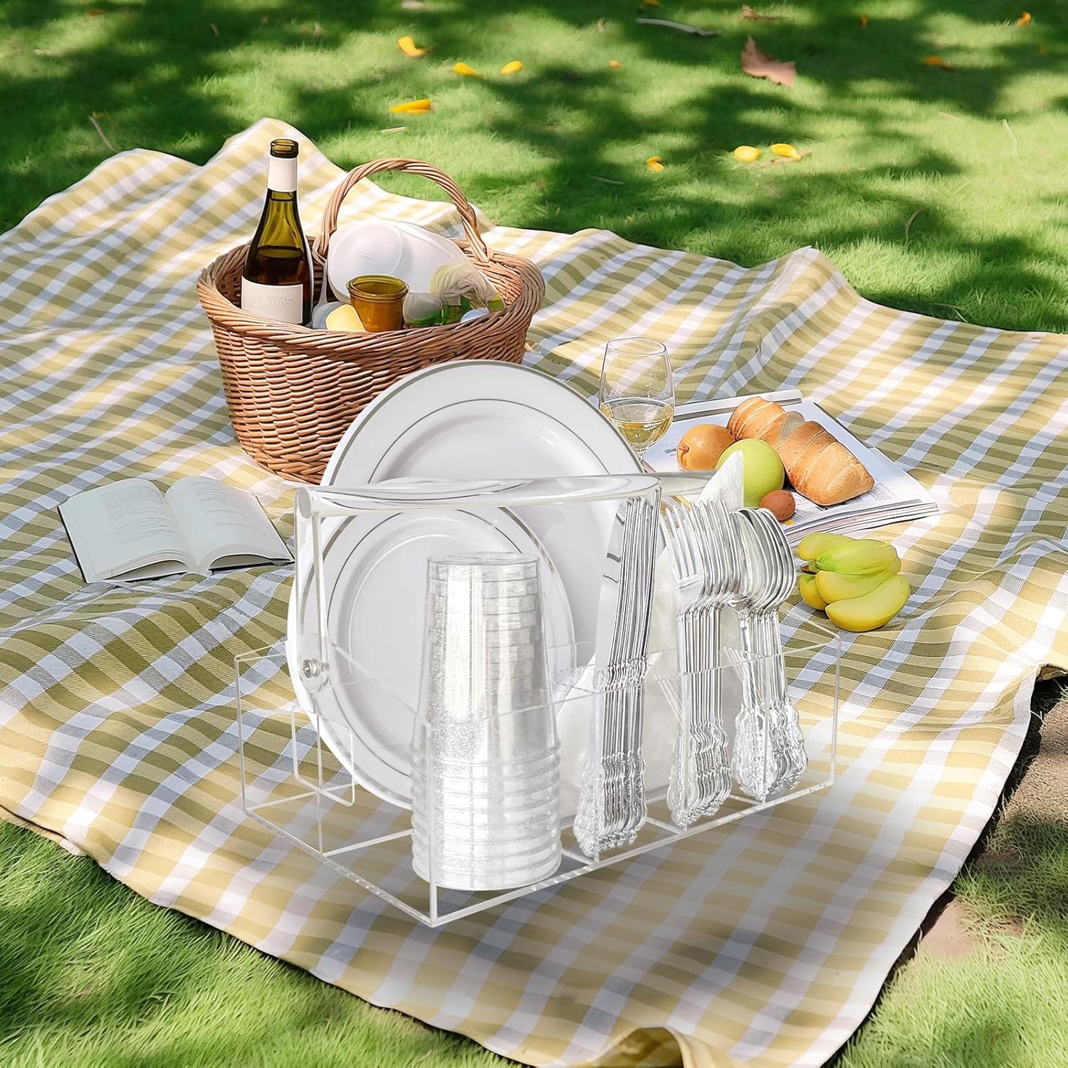 Plate and Utensil Caddy for Parties, 6 Compartments Utensil Holder for Party, Acrylic Cutlery Holder Silverware Caddy with Handle for Disposable Plate, Large Hosting Essentials Home Camping