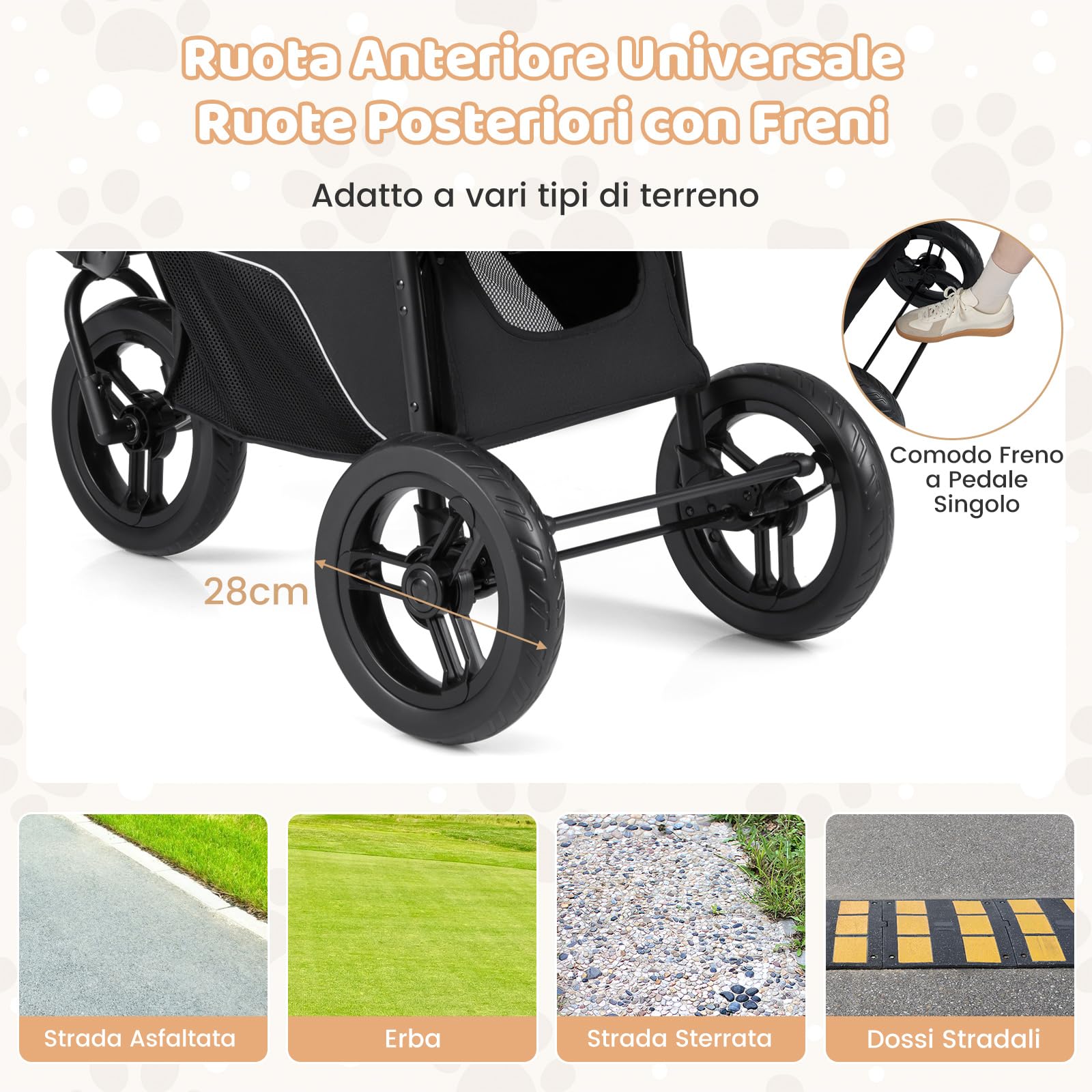 COSTWAY Passeggino a 3 Ruote per Cani Piccoli e Medi, Passeggino Pieghevole per Gatti con Freno a Pedale Singolo, Tenda Regolabile, Cestino, Cuscino e Guinzaglio di Sicurezza, Portata 25 Kg (Nero)