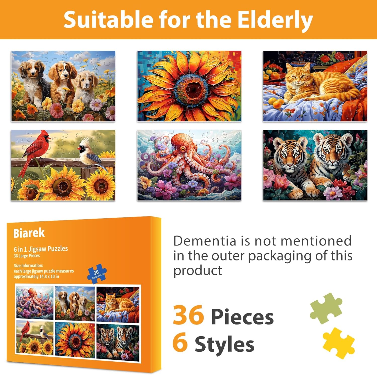 6 Packs Large Piece Puzzle for Seniors- 36 Pieces Dementia Puzzles for Elderly Adults, Alzheimer’s Puzzles Memory Cognitive Games Easy Jigsaw Puzzles for Elderly Seniors with 6 Storage Bags