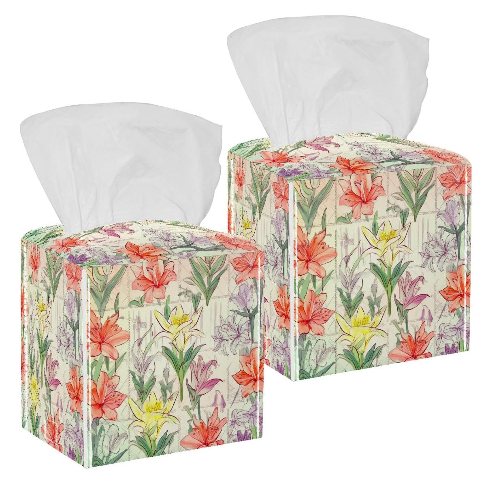 Cartoon Watercolor Lilies Tissue Box Cover, 2 Pack PU Leather Square Facial Tissue Dispenser Box holder for Home Office Car
