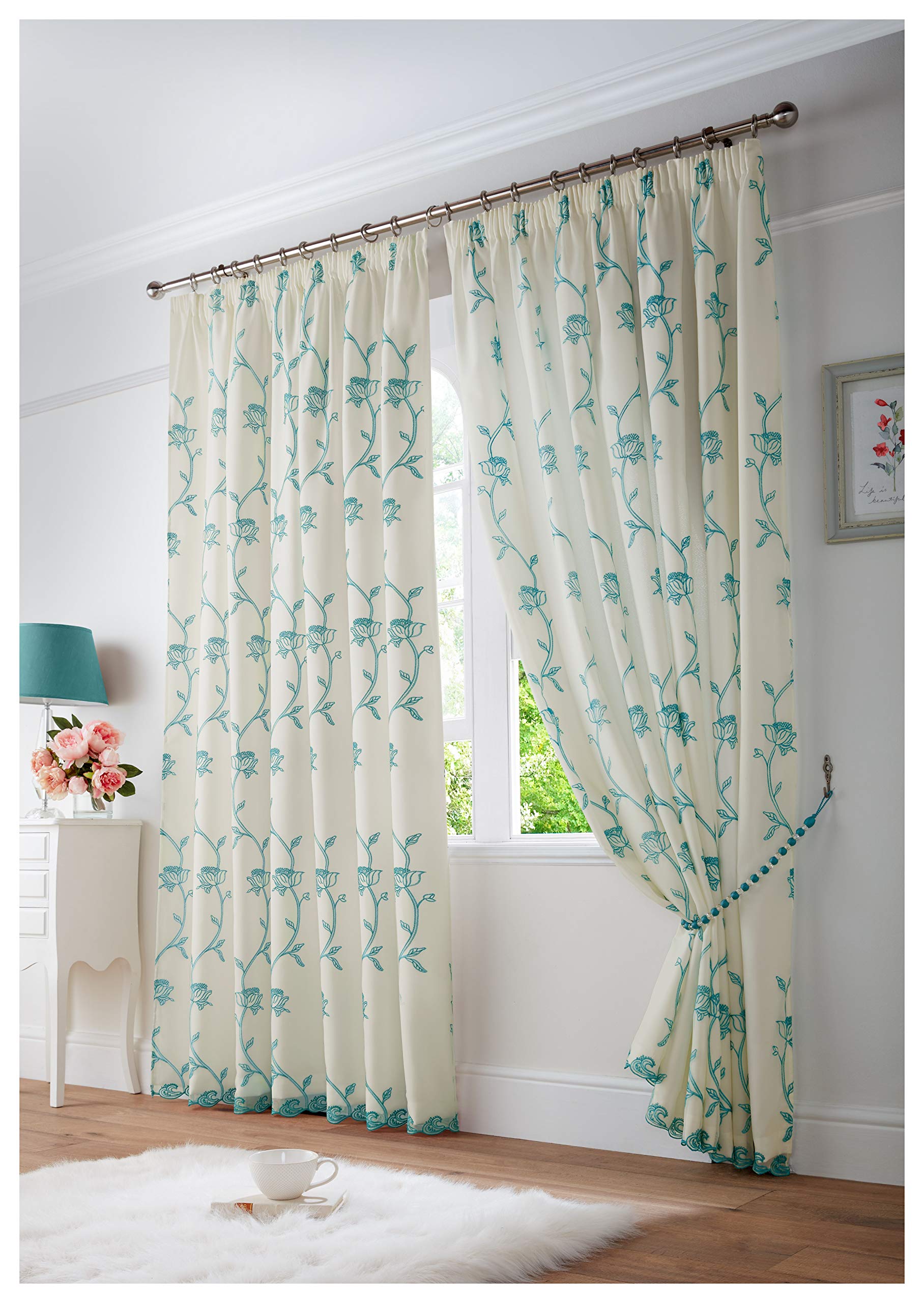Alan Symonds Teal Exeter Lined Organza Voile Embroidered Taped Top Curtains (, 90" X 90" (229X229cm))