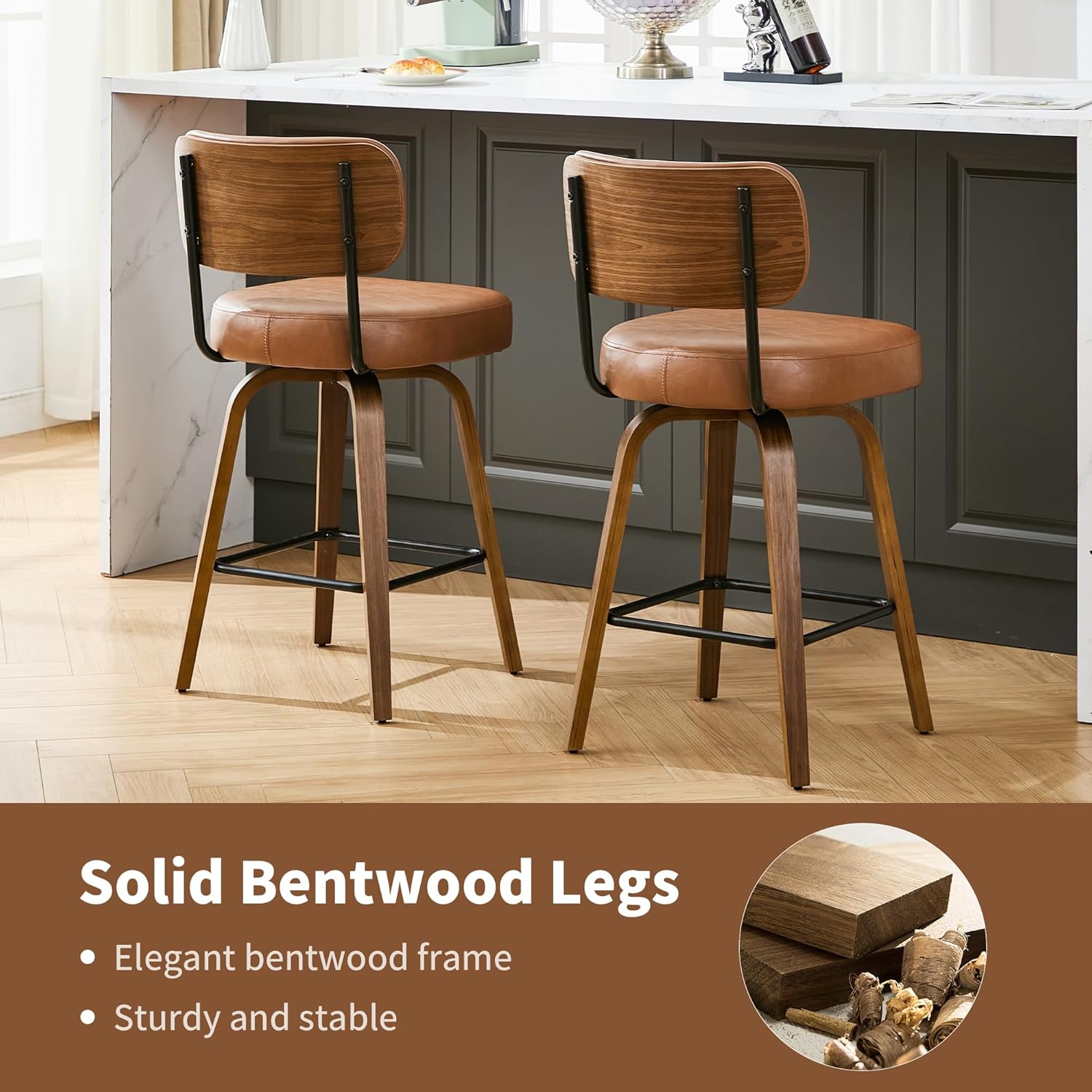 Solstrand Swivel Counter Height Bar Stools Set of 3, 26" Upholstered Faux Leather Bar Stools with Back and Walnut Wood Legs, Mid Century Modern Counter Stools for Kitchen Island Dining Room, Brown