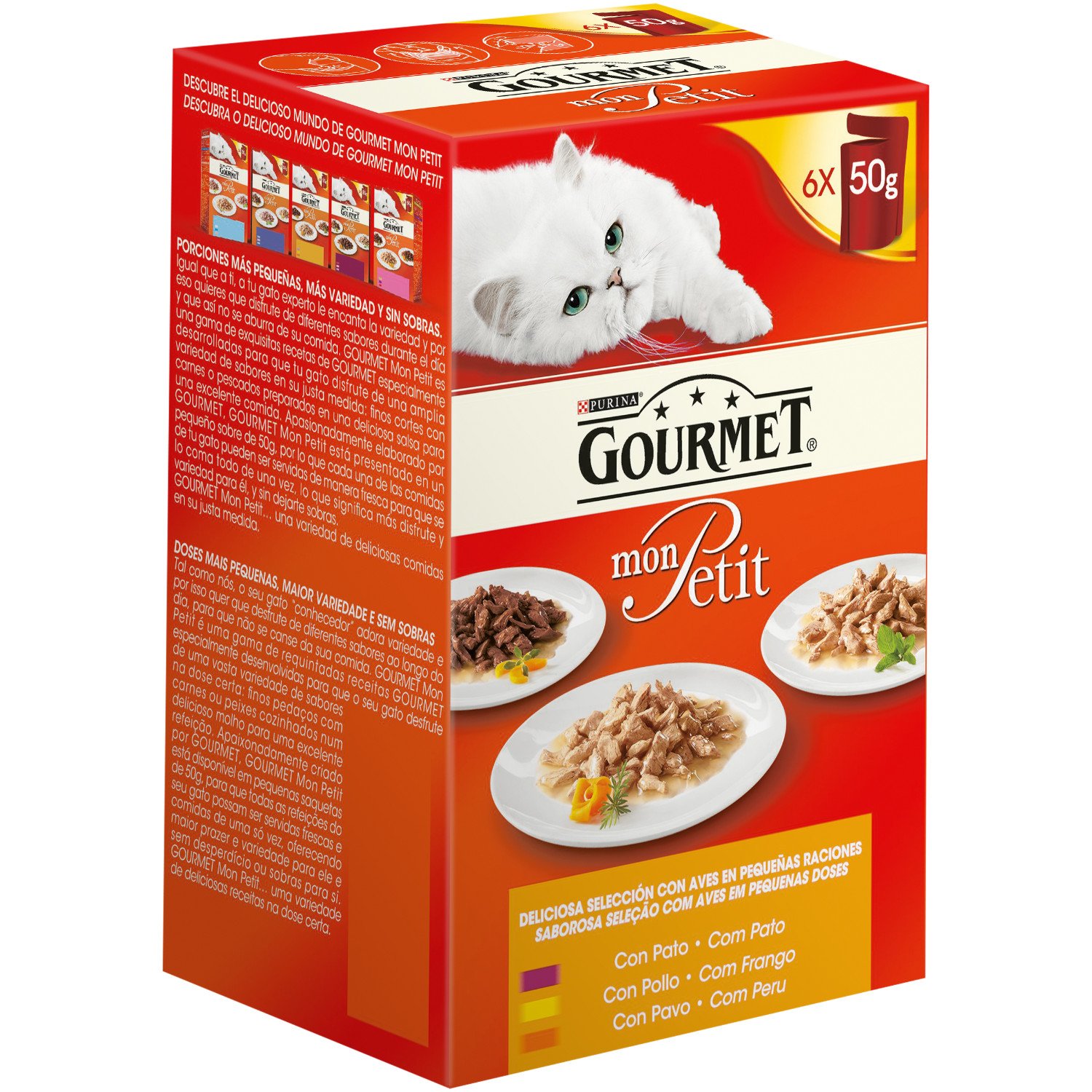 Purina Gourmet Mon Petit Finos Cortes en Salsa, Comida Húmeda para Gato con Pato, Pollo y Pavo,6 sobres de 50g