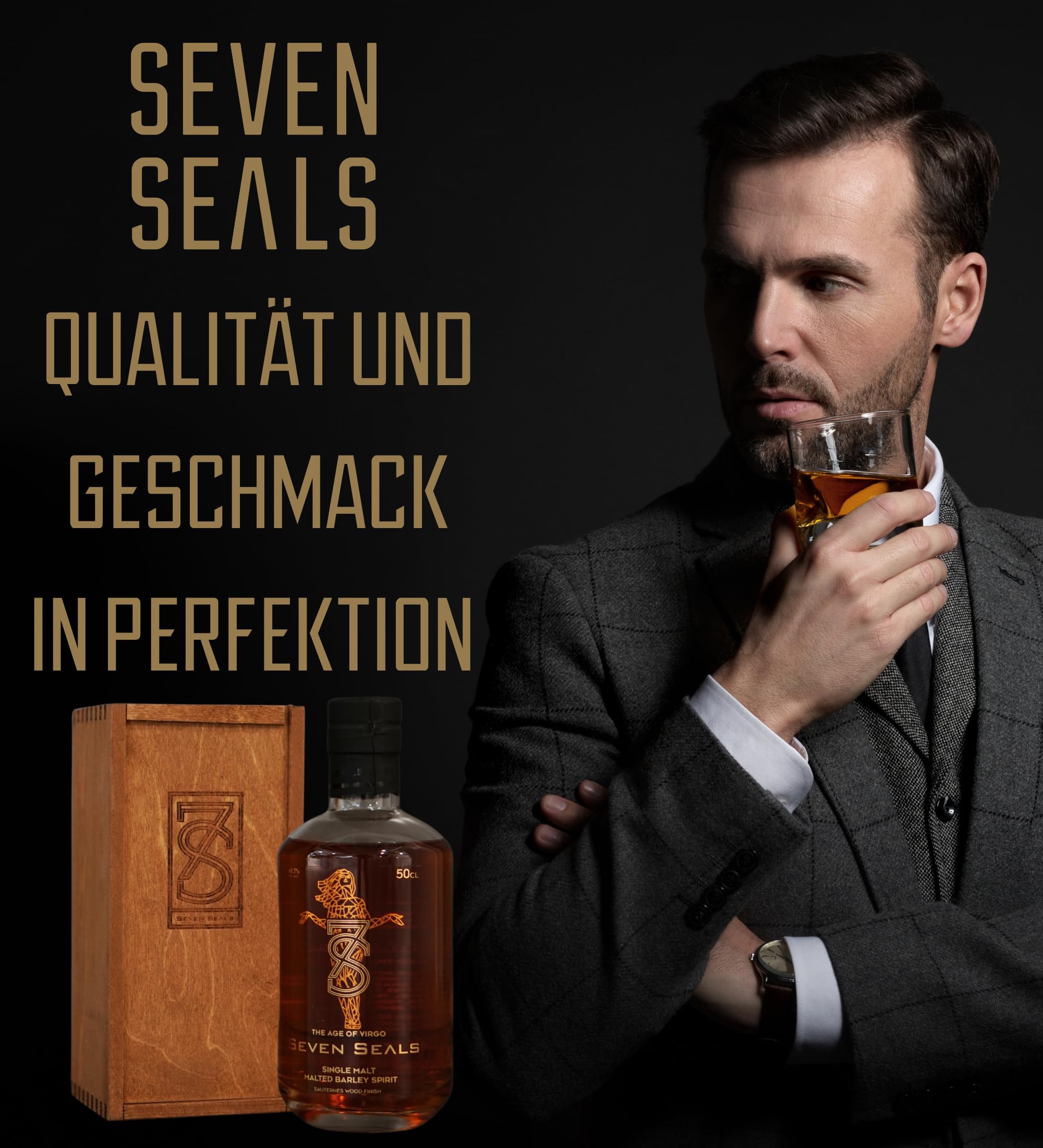 Seven Seals - The Age of Virgo Premium Single Malt 0,5 I Geschenkset mit Holzbox | Weinig/Beeriges Aroma | Geschmack von Beeren & Zitrusnoten |Passendes Geschenk für Sternbild Jungfrau | 49.7% Alkohol