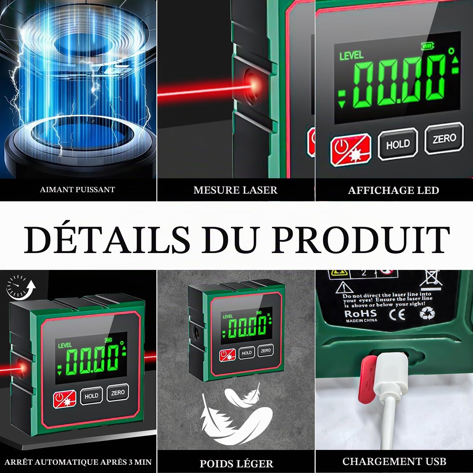 Niveau Electronique,Inclinomètre Numérique avec Écran LCD,Aimant 4 Faces | avec Fonction Laser Base et Magnétique Forte,Niveau Électronique Inclinometre Numérique pour Menuiserie, Construction