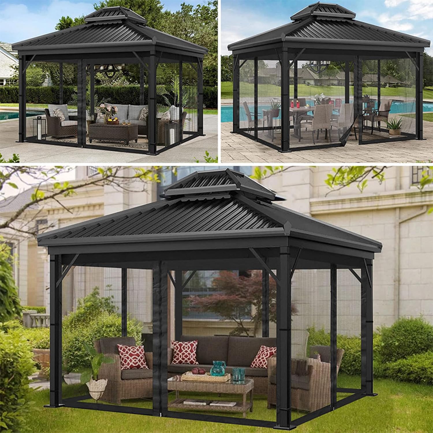 Panneau moustiquaire pour pergola 3 m x3m, Filet moustiquaire pour tonnelle, Pavillon 4 Parties latérales Protection Insectes pour Jardin Balcon Patio (Black, 305x305x220 cm)