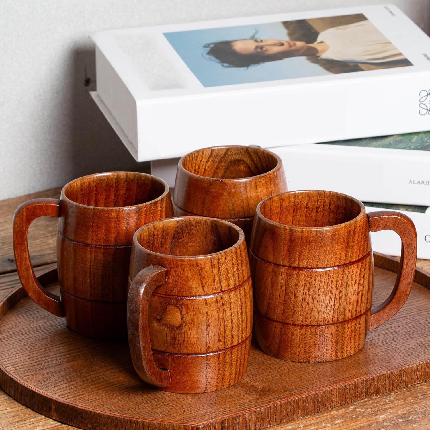 Holzbecher- und Tassen-Set, handgefertigt, rustikal, Bierkrug für Kaffee, Tee, Wein, Milch, 2-teilige Naturholz-Trinkgeschirr-Kollektion