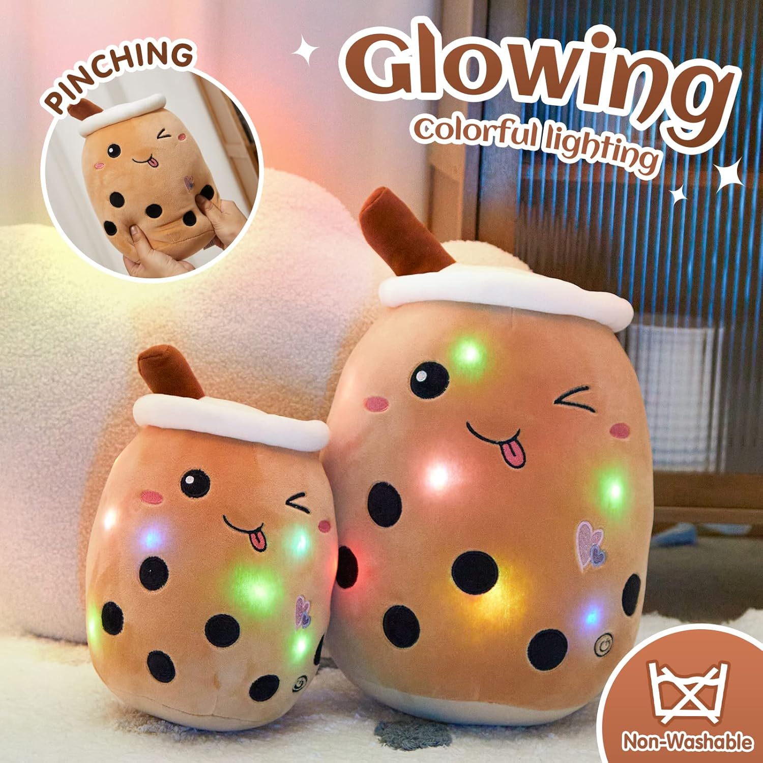 Athoinsu Light Up Boba Milk Tea Plush Pillow,10''Kawaii Chocolate Bubble Stuffed Animal Toy with LED Lights,Birthday Christmas Holiday Valentines Gifts for Kids,Girls,Boys