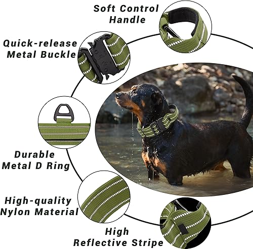 Miniatura 2 de Collar táctico para perro, collar ajustable de nailon reflectante para perro con mango de control, hebilla de metal resistente para perros medianos