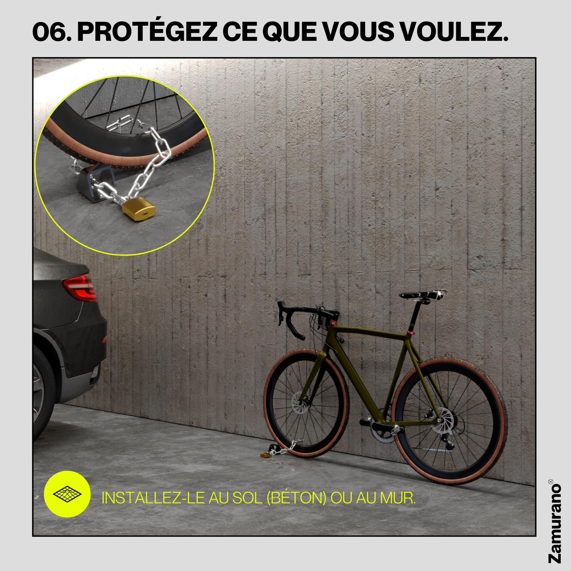 Ancre de chaîne antivol haute sécurité. Idéal pour les motos et les vélos. Pince au sol ou au mur.