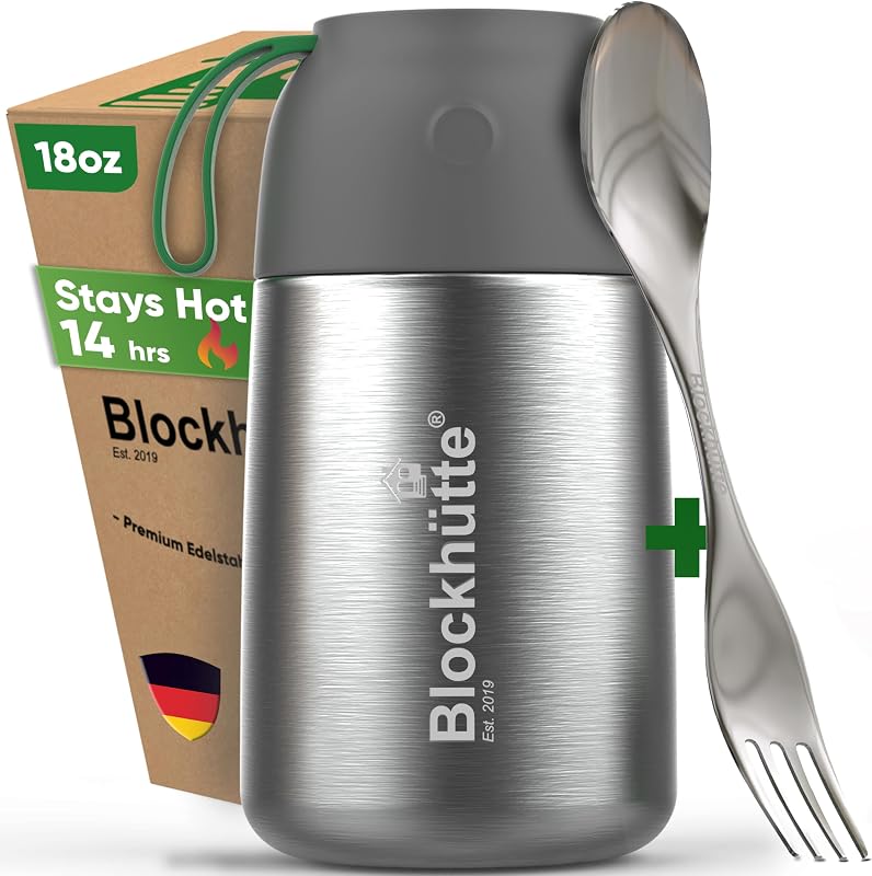 Termo pequeño Blockhütte para comida caliente para niños - 18 oz | Frasco de comida de boca ancha con tenedor y cepillo | Frasco de sopa de acero inoxidable | Tarro Aislado para Alimentos 14h Caliente | Termo de sopa para adultos
