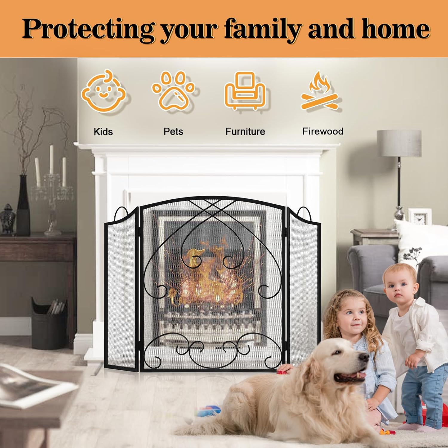 Gtongoko 29in Fireplace Screen with Handle Bundle 4ft Firewood Rack Outdoor with Cover