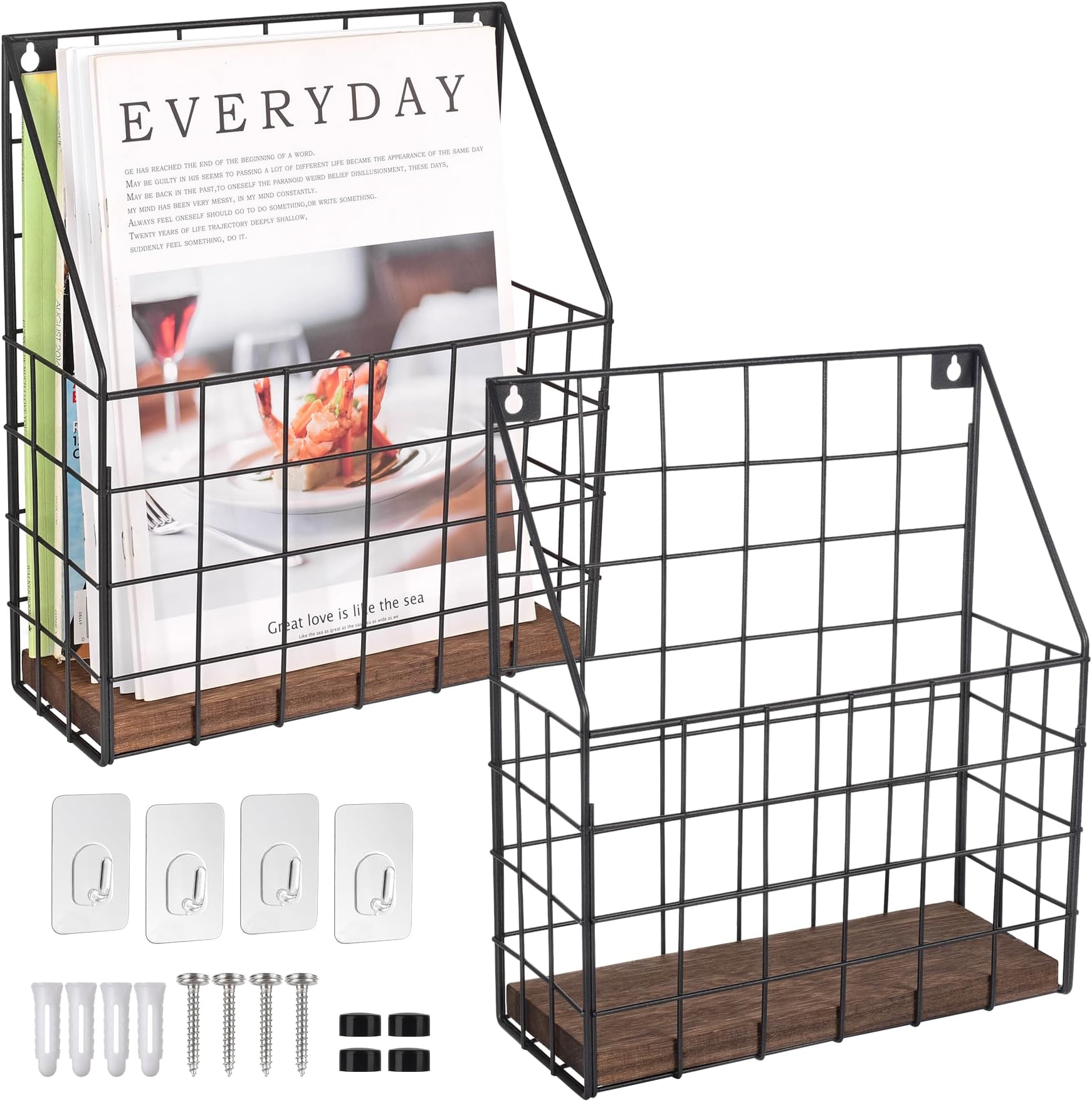 Mail Holder Magazine Basket - 2 Pack Black Wall Mount File Organizer Rack of Wooden Style with Adhesive Mounting - Metal Wire Hanging Sorter for Document Folders Newspaper Clipboard Brochure Display