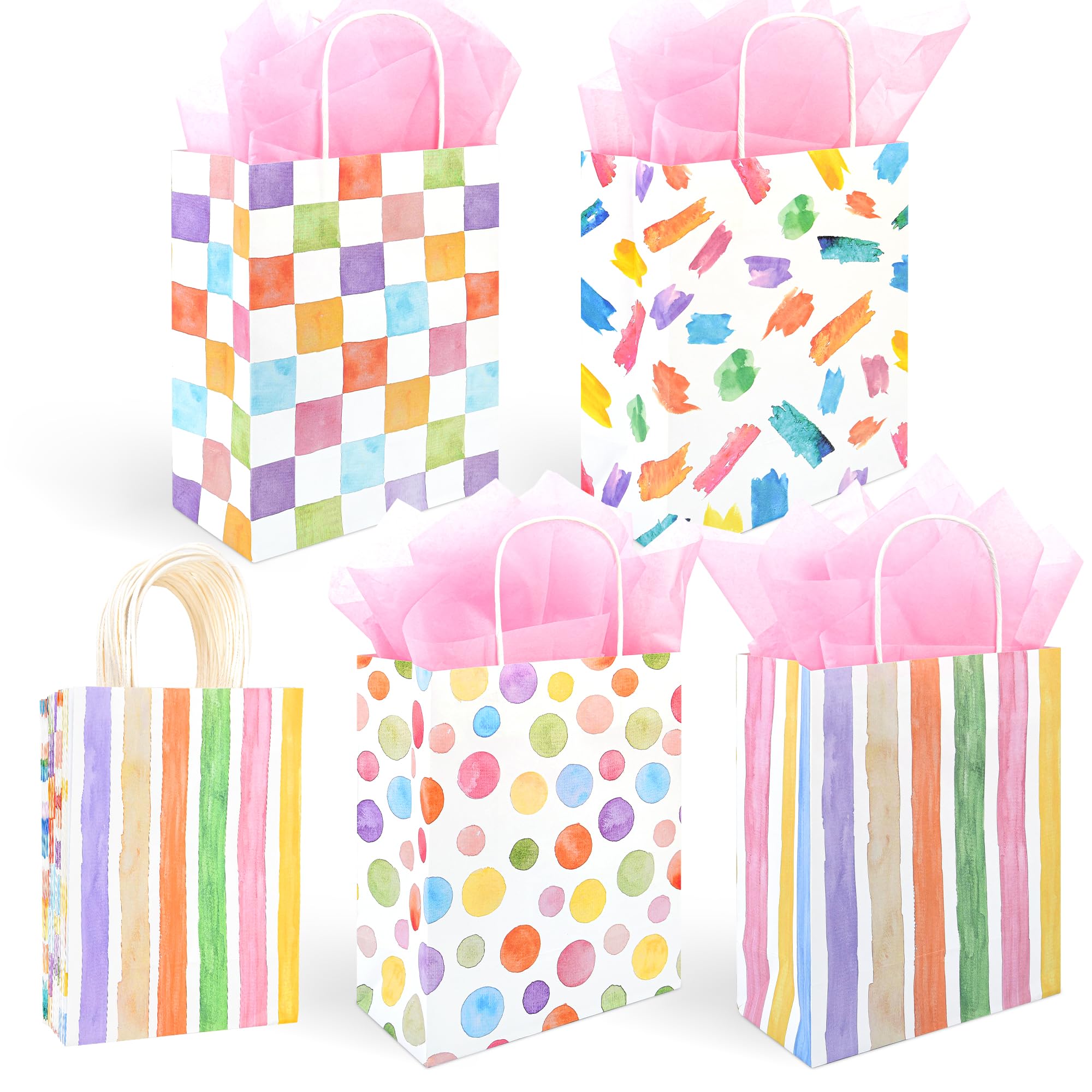 DjinnGlory 36 Pack Medium Pastel Watercolor Rainbow Gift Bags with Handles and Pink Tissue Paper for Birthdays, Baby Showers, Bridal Parties, Small