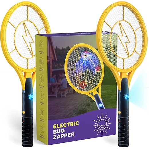 Electric Fly Swatter [Set of 2] Handheld Bug Zapper Racket for Indoor/Outdoor - 4000 Volt Fly Swatter - Instant Bug & Mosquito Killer with Attractant LED Light - USB Rechargeable Portable Fly Zapper.